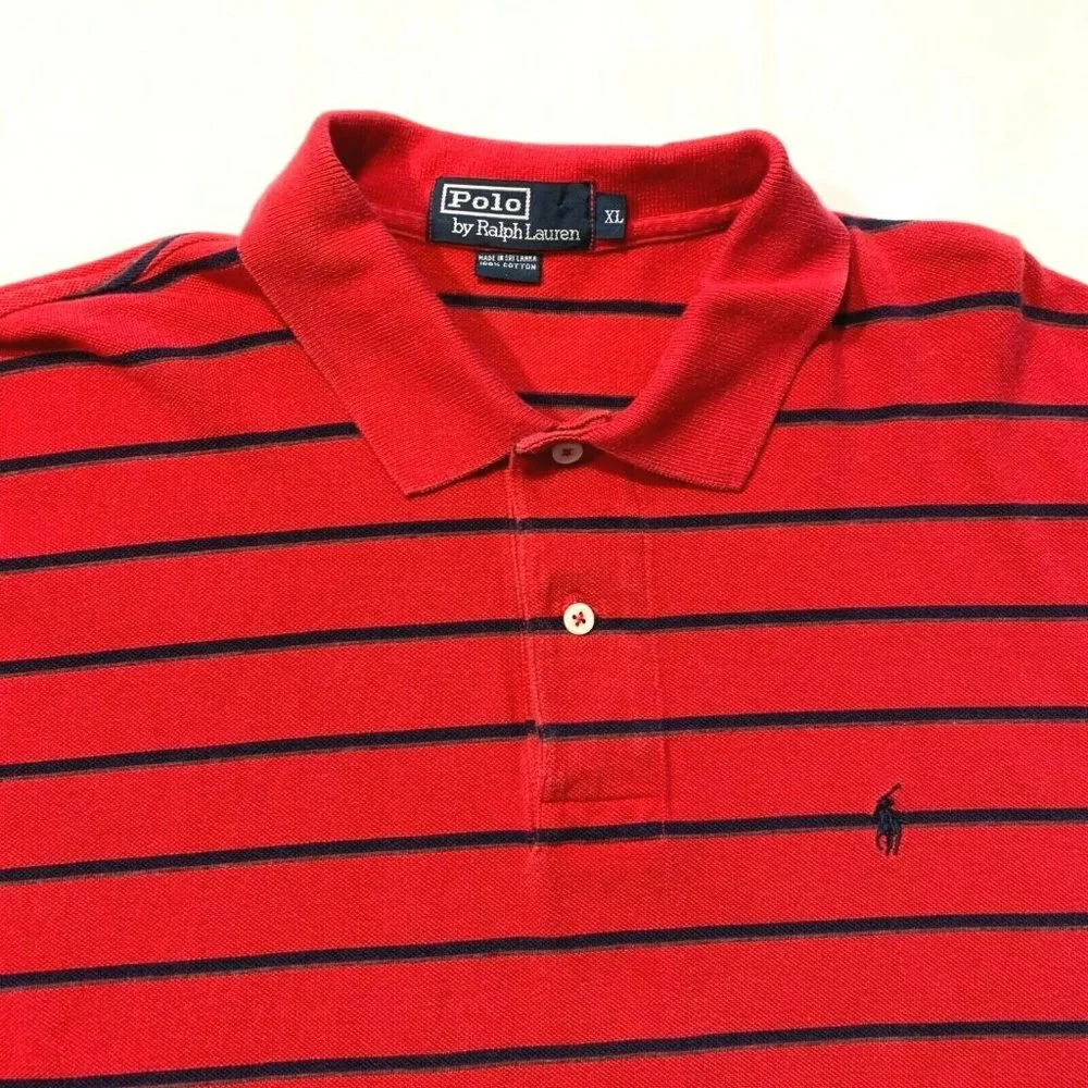 Vintage Polo Ralph Lauren Polo Shirt Long Sleeve Striped Red Black Pony XL EUC‎